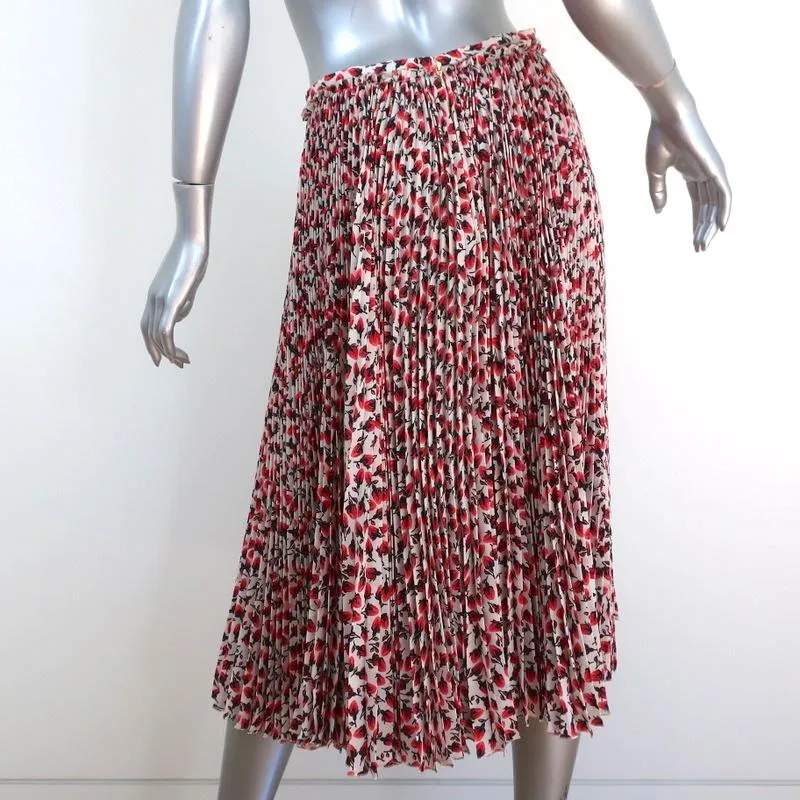 Rochas Pleated Midi Skirt White/Red Roses Print Silk Chiffon Size 42 NEW