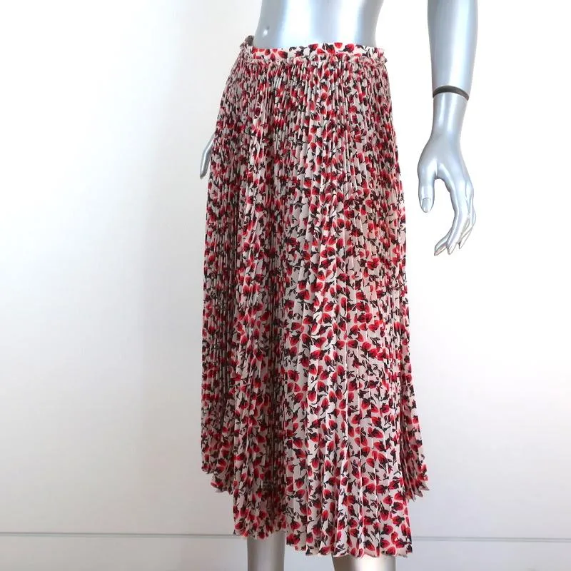 Rochas Pleated Midi Skirt White/Red Roses Print Silk Chiffon Size 42 NEW