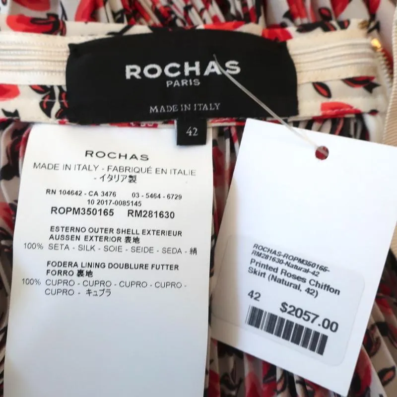 Rochas Pleated Midi Skirt White/Red Roses Print Silk Chiffon Size 42 NEW