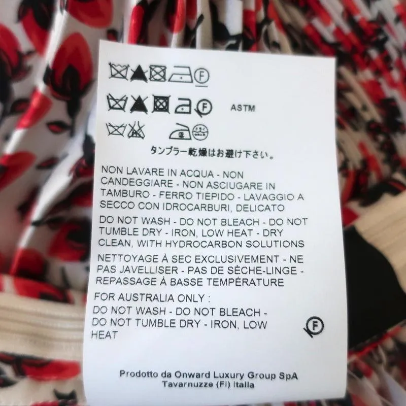 Rochas Pleated Midi Skirt White/Red Roses Print Silk Chiffon Size 42 NEW
