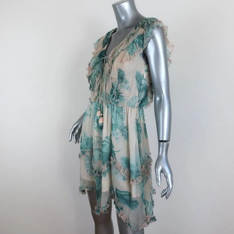 ROCOCO SAND Mini Dress Echo Leaf Print Chiffon Size Small Lace-Up Sleeveless NEW