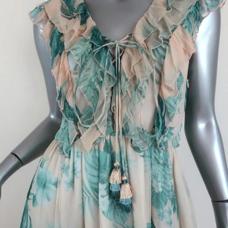 ROCOCO SAND Mini Dress Echo Leaf Print Chiffon Size Small Lace-Up Sleeveless NEW