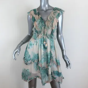 ROCOCO SAND Mini Dress Echo Leaf Print Chiffon Size Small Lace-Up Sleeveless NEW