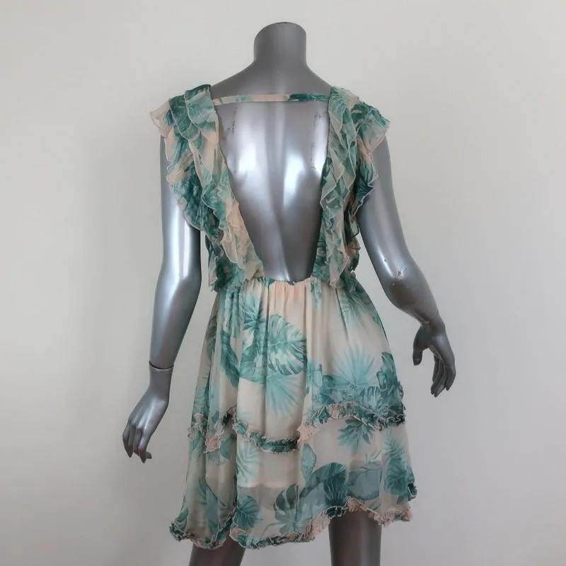 ROCOCO SAND Mini Dress Echo Leaf Print Chiffon Size Small Lace-Up Sleeveless NEW