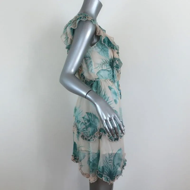 ROCOCO SAND Mini Dress Echo Leaf Print Chiffon Size Small Lace-Up Sleeveless NEW