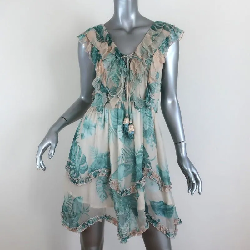 ROCOCO SAND Mini Dress Echo Leaf Print Chiffon Size Small Lace-Up Sleeveless NEW