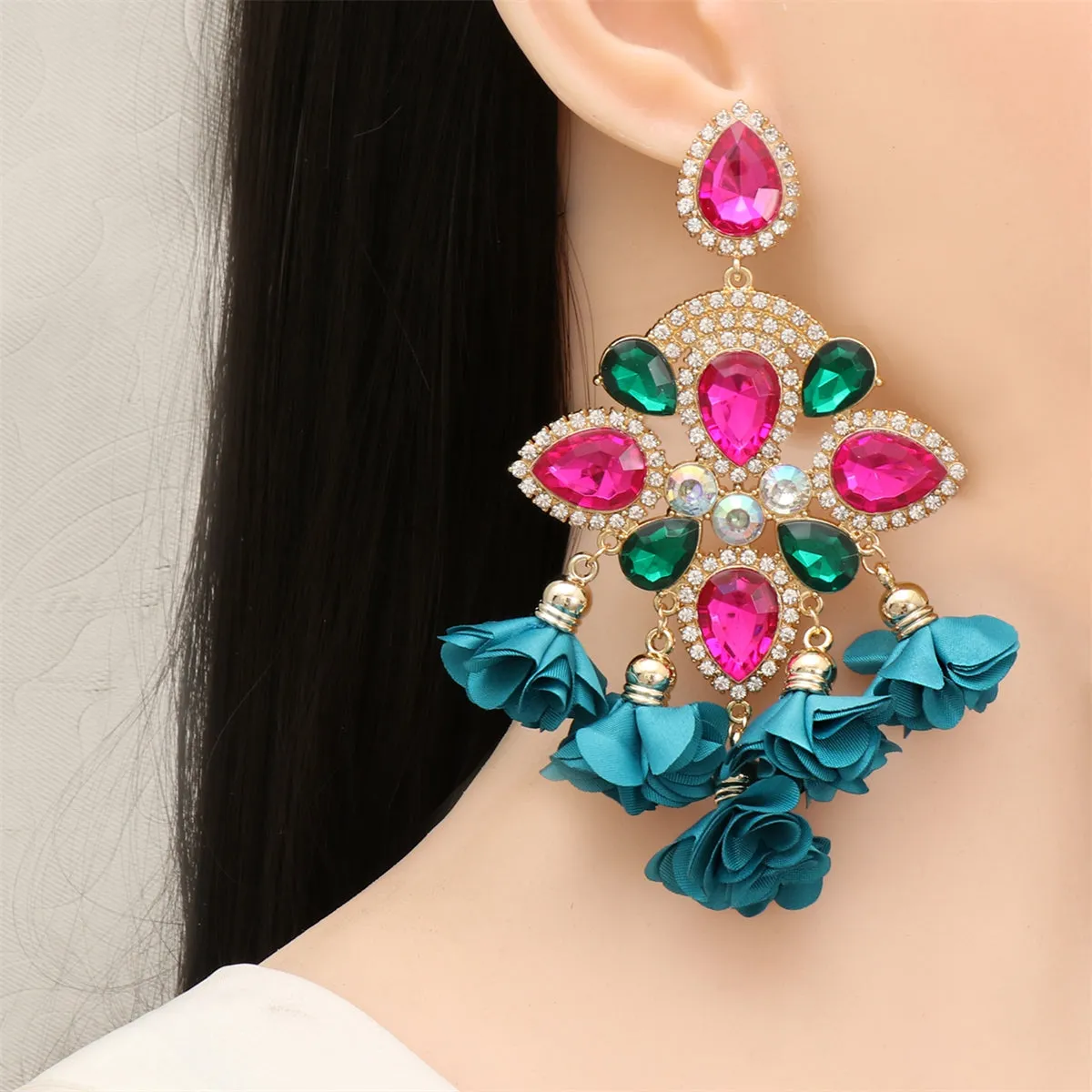 Rose Crystal & Cubic Zirconia Silk 18K Gold-Plated Floral Tassel Drop Earrings