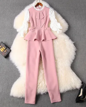 Ruffled Hem Blazers Splicing Chiffon Sleeve and Pants Two-piece Set