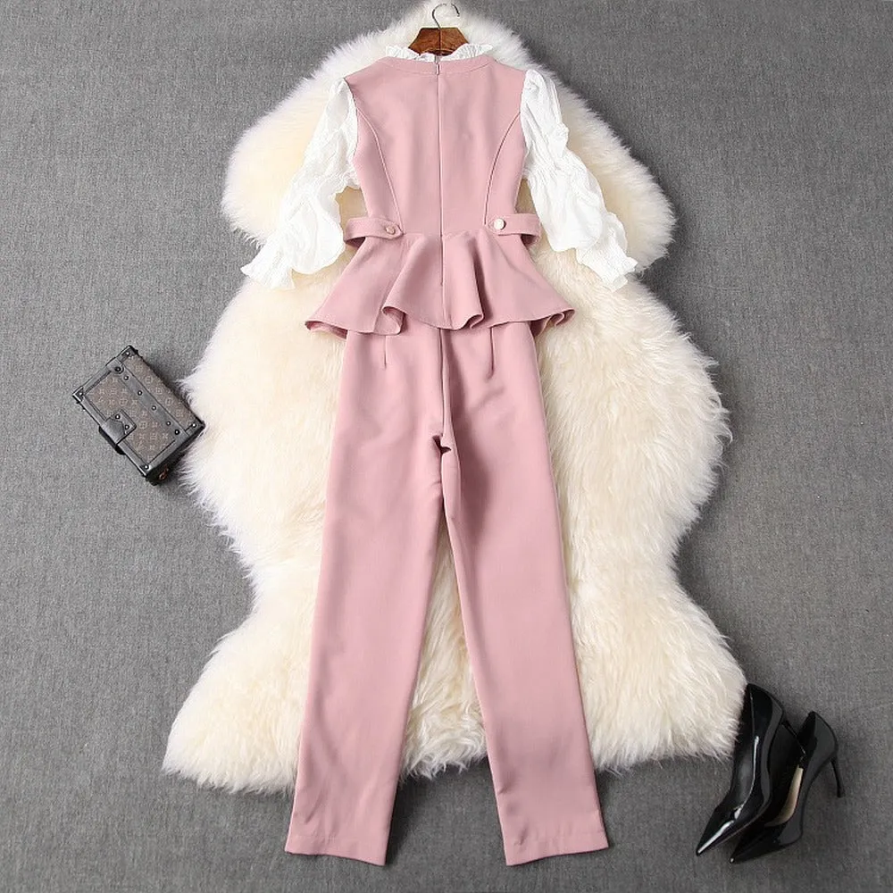 Ruffled Hem Blazers Splicing Chiffon Sleeve and Pants Two-piece Set