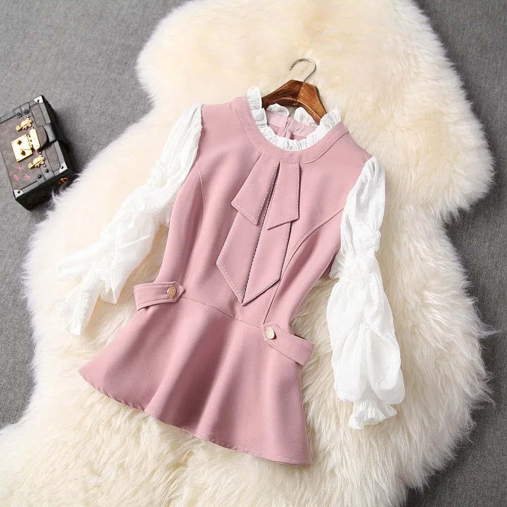 Ruffled Hem Blazers Splicing Chiffon Sleeve and Pants Two-piece Set