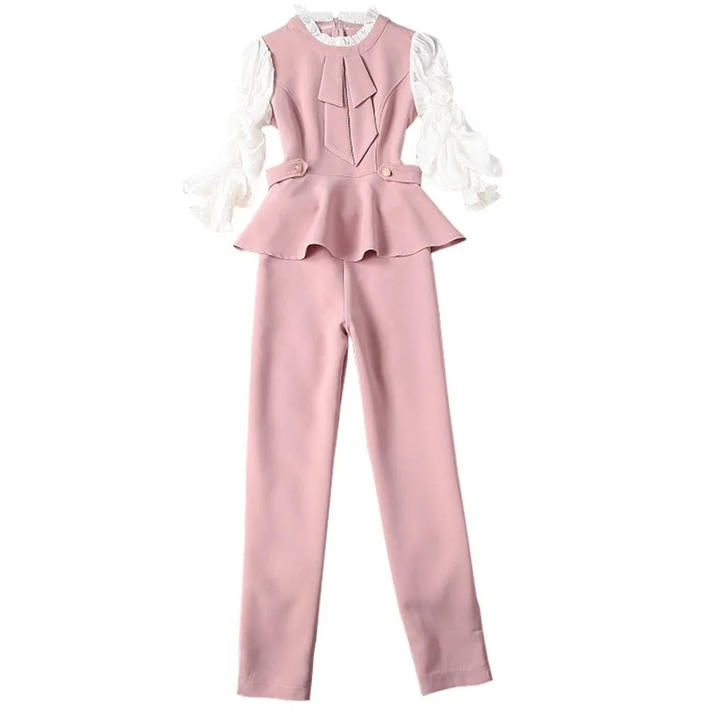 Ruffled Hem Blazers Splicing Chiffon Sleeve and Pants Two-piece Set
