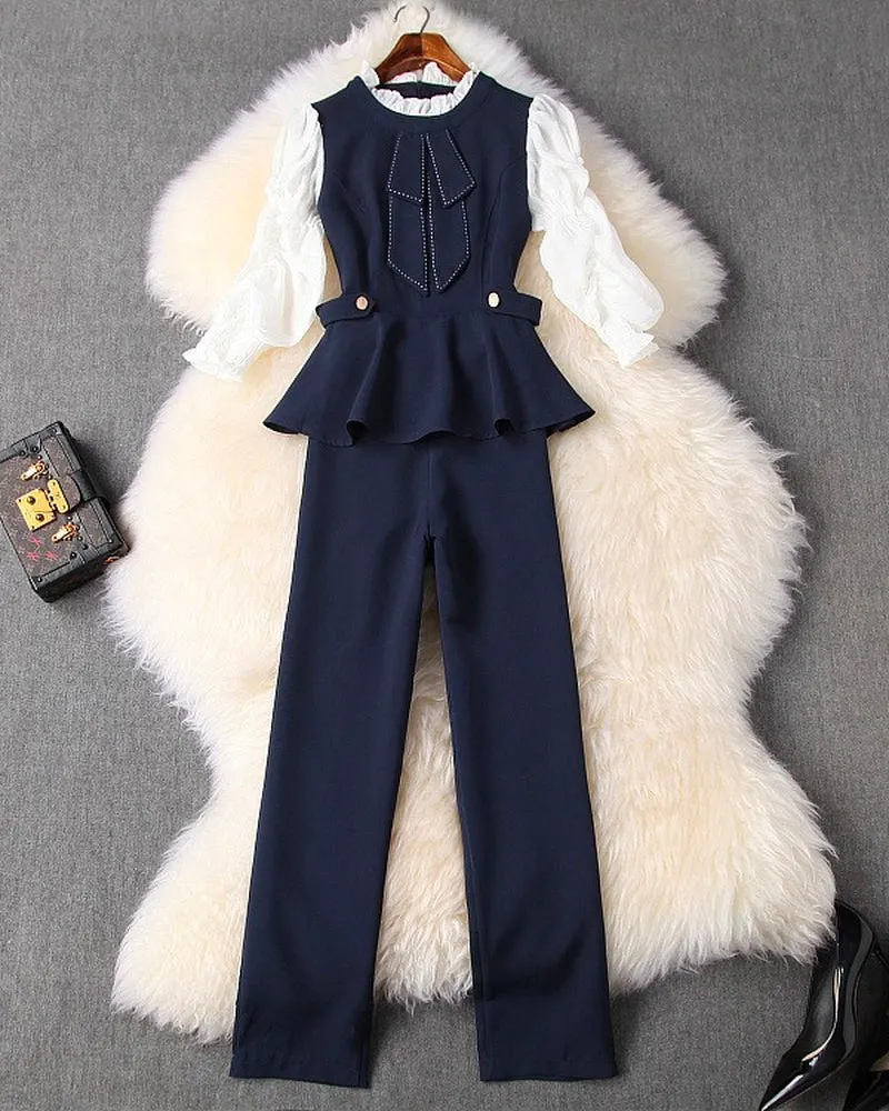 Ruffled Hem Blazers Splicing Chiffon Sleeve and Pants Two-piece Set