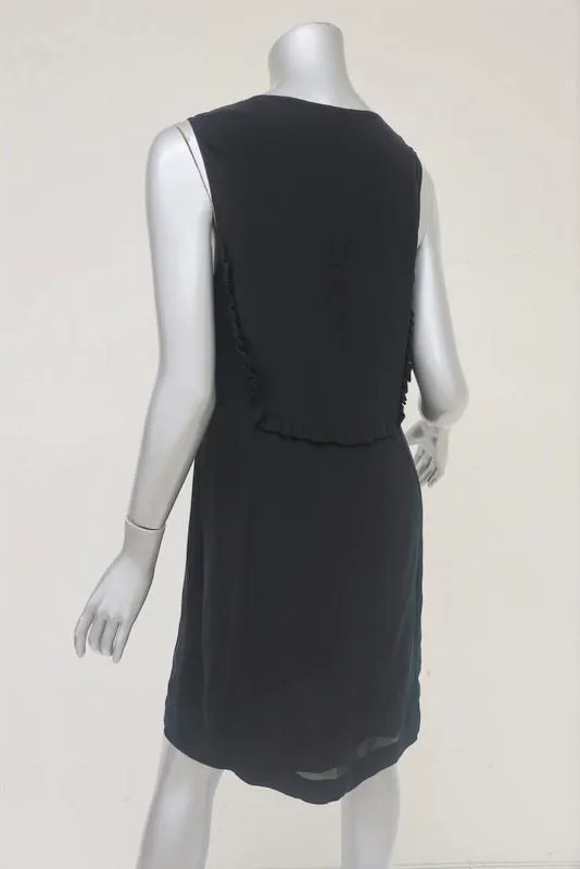 Sari Gueron Dress Black Ruffle-Trim Silk Crepe Size 4 Sleeveless Shift