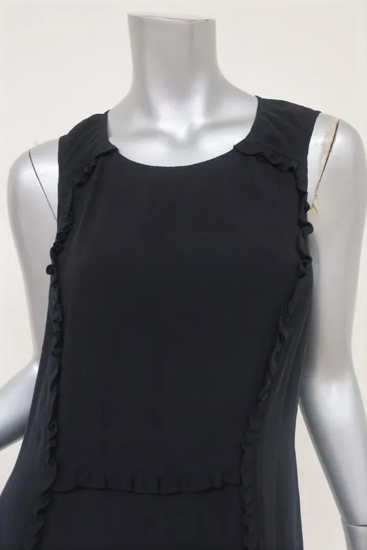 Sari Gueron Dress Black Ruffle-Trim Silk Crepe Size 4 Sleeveless Shift