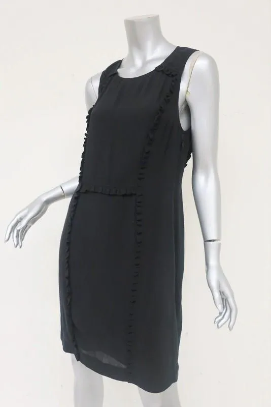 Sari Gueron Dress Black Ruffle-Trim Silk Crepe Size 4 Sleeveless Shift