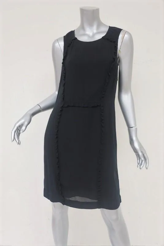 Sari Gueron Dress Black Ruffle-Trim Silk Crepe Size 4 Sleeveless Shift