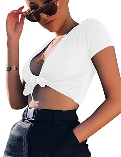 Sexy Deep V Neck Tie Up Crop Top for Women