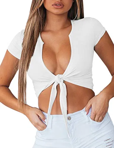 Sexy Deep V Neck Tie Up Crop Top for Women