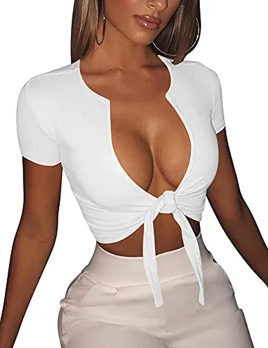 Sexy Deep V Neck Tie Up Crop Top for Women