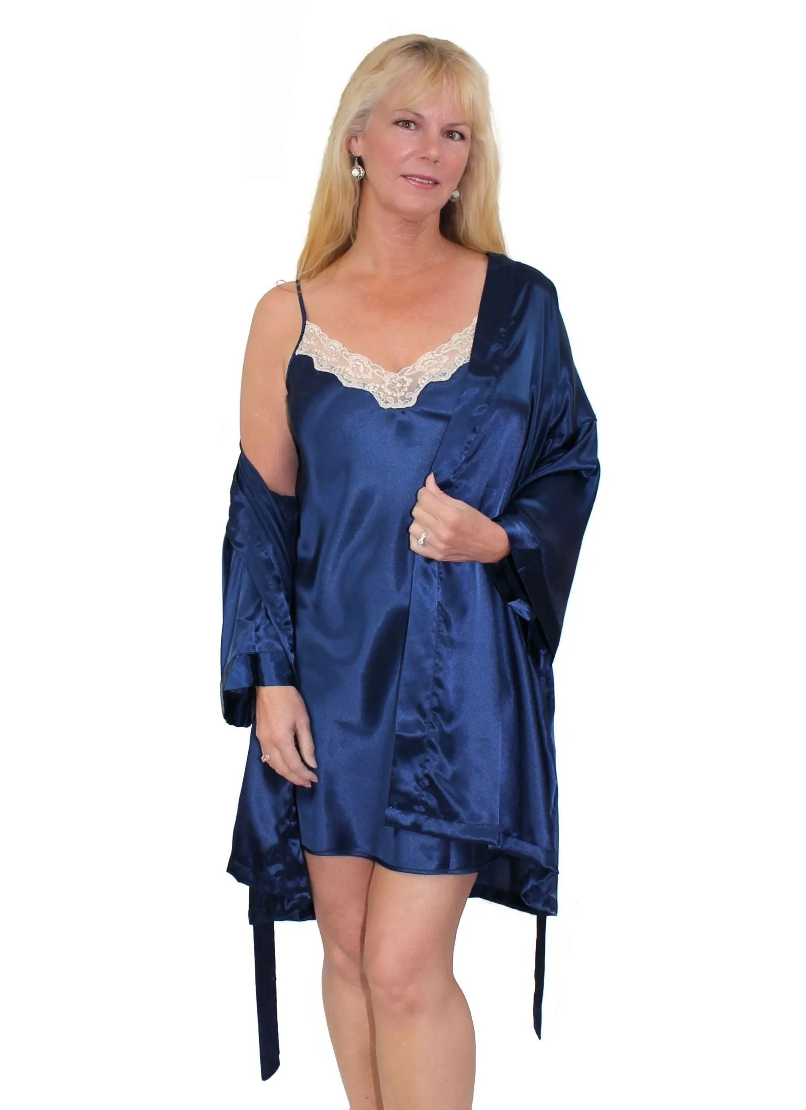 Shadowline Women's Nightgown and Robe Pajama Set Silky Satin and Lace