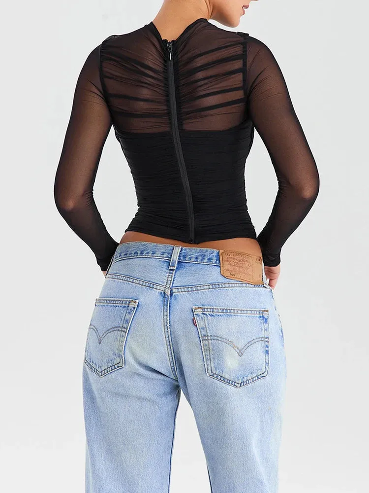 Sheer Mesh Long Sleeve Sexy Shirt for Women Spring Autumn V-Neck Zipper Layered Chiffon Skinny Fit Club Party Sexy Tops