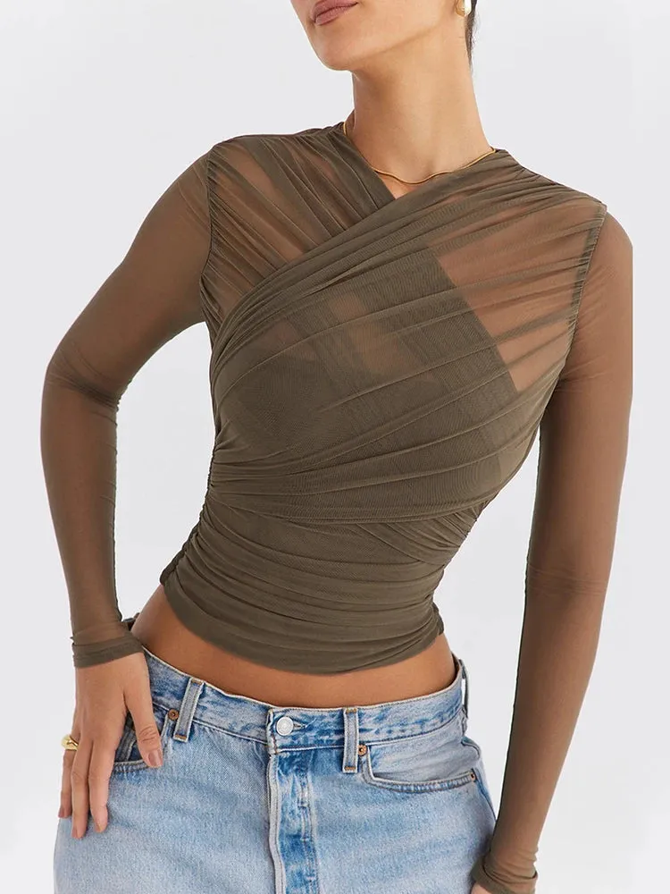 Sheer Mesh Long Sleeve Sexy Shirt for Women Spring Autumn V-Neck Zipper Layered Chiffon Skinny Fit Club Party Sexy Tops