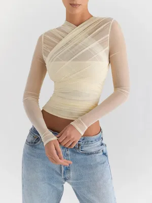 Sheer Mesh Long Sleeve Sexy Shirt for Women Spring Autumn V-Neck Zipper Layered Chiffon Skinny Fit Club Party Sexy Tops