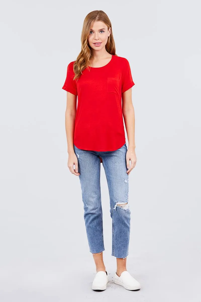 Short Raglan Sleeve Round Neck W/pocket Rayon Spandex Top