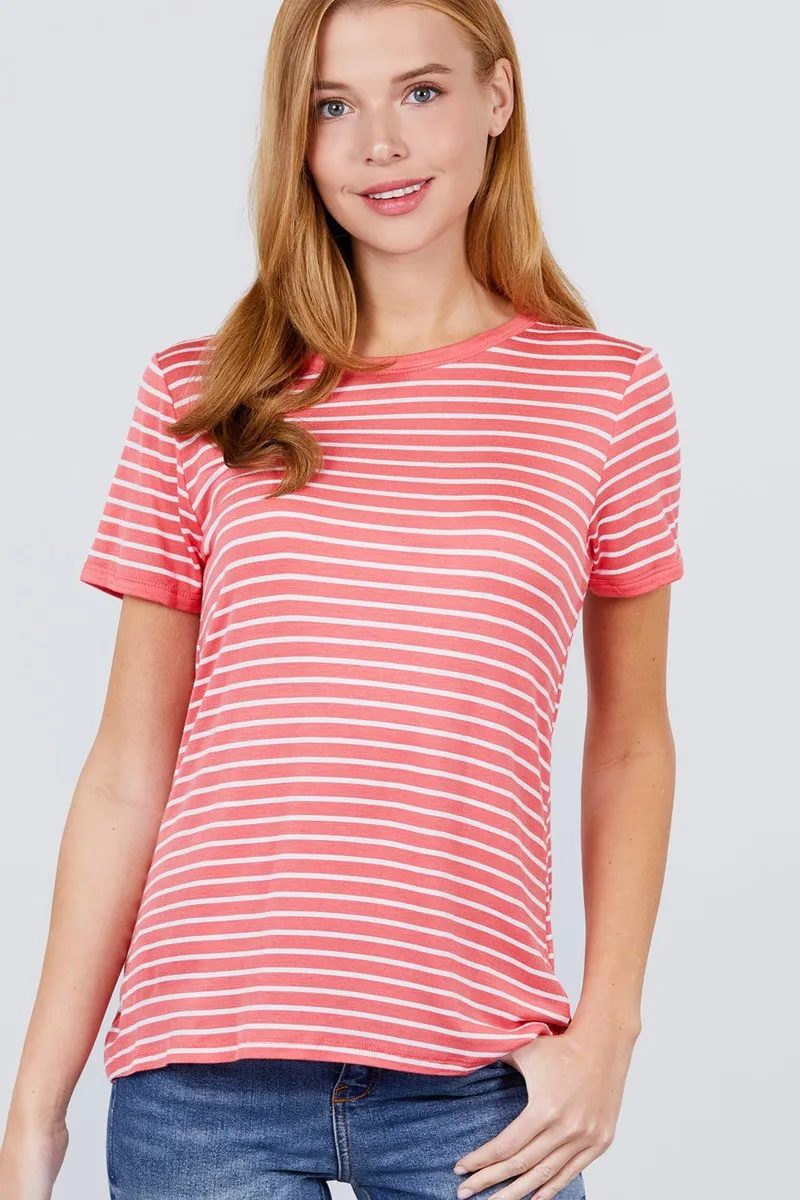 Short Sleeve Crew Neck Stripe Rayon Spandex Ringer Knit Top