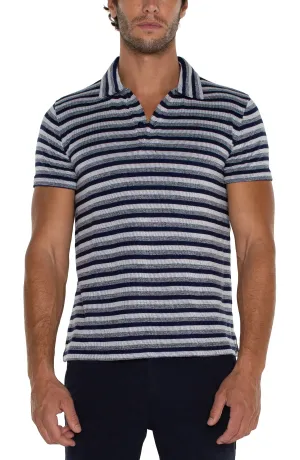 Short Sleeve Polo - Navy White Melange Stripe