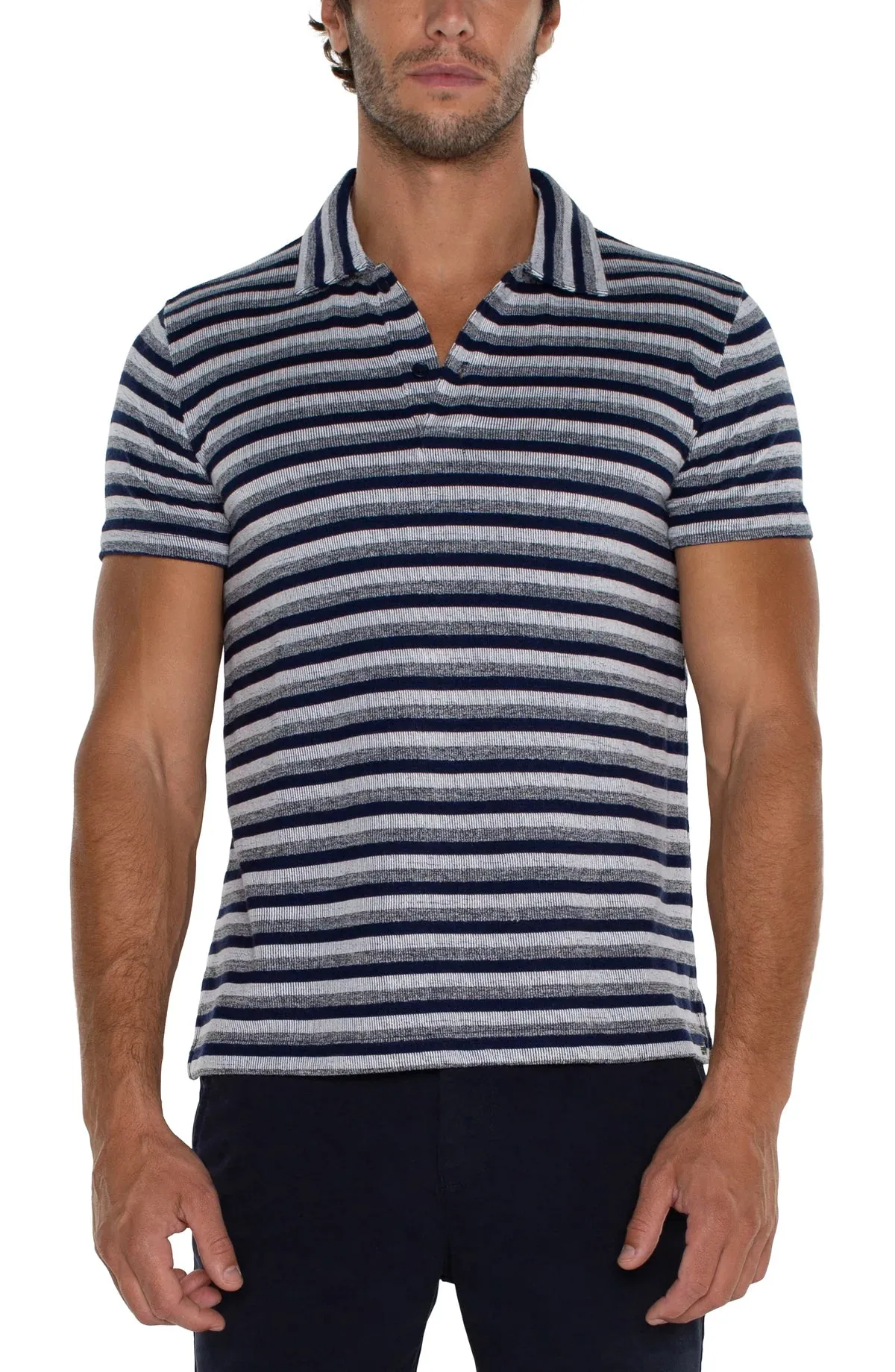 Short Sleeve Polo - Navy White Melange Stripe