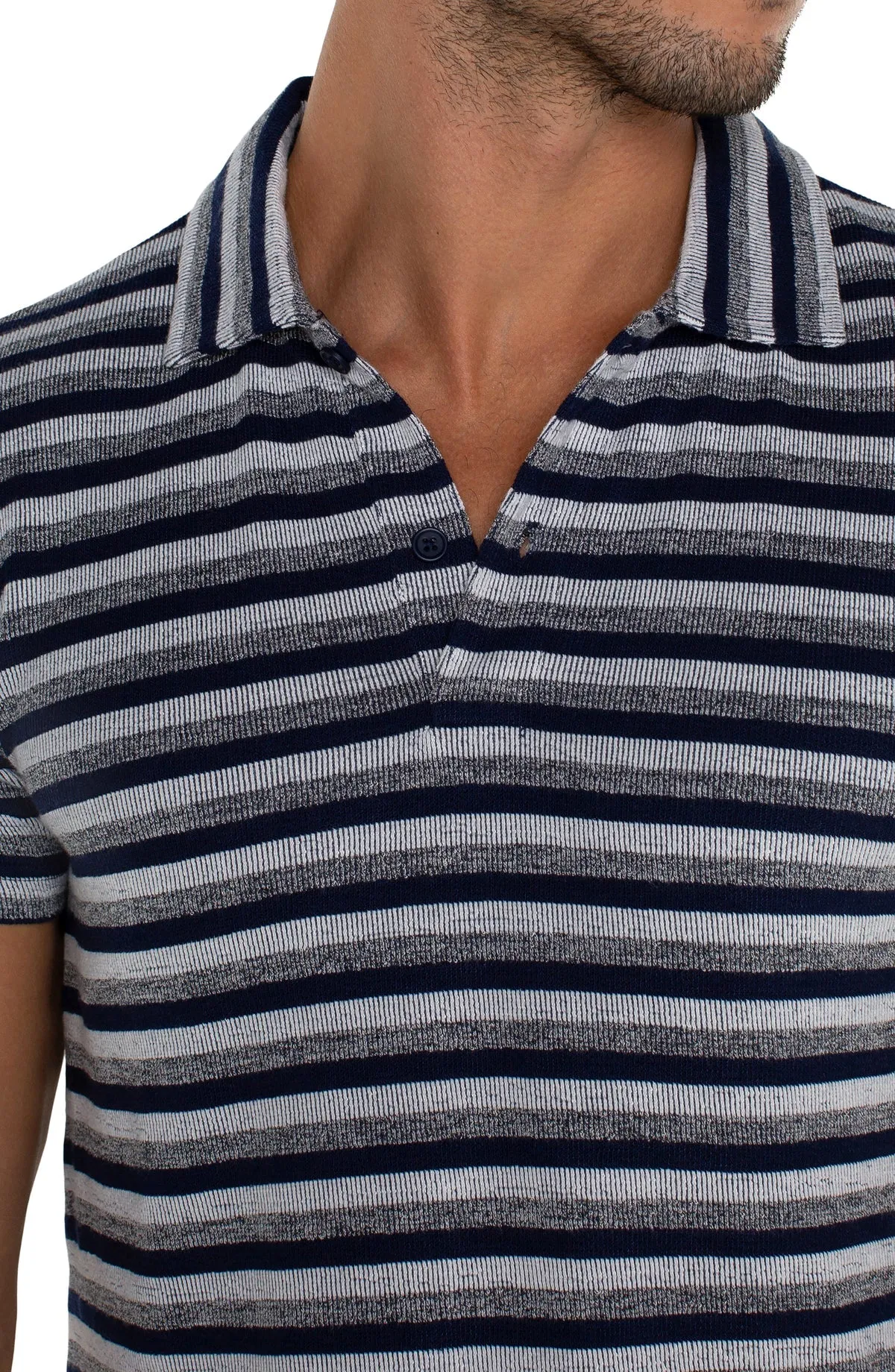 Short Sleeve Polo - Navy White Melange Stripe