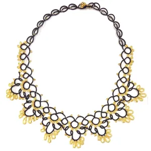 Silk Crochet and Seed Bead Necklace - Black & Gold