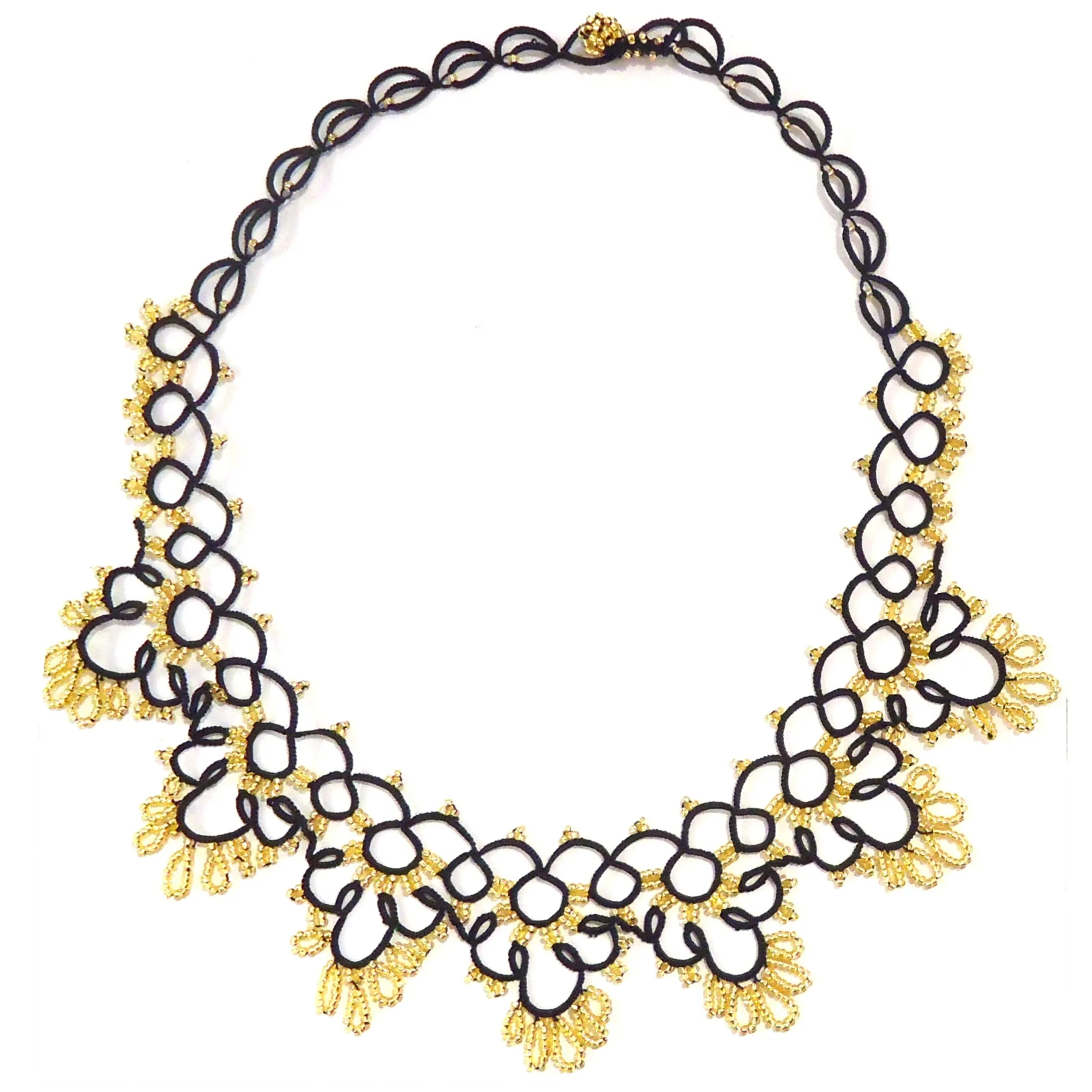 Silk Crochet and Seed Bead Necklace - Black & Gold