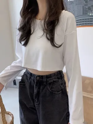 Solid Color Crew Neck Crop T-Shirt, Casual Long Sleeve T-Shirt For Spring & Fall, Women's Clothing