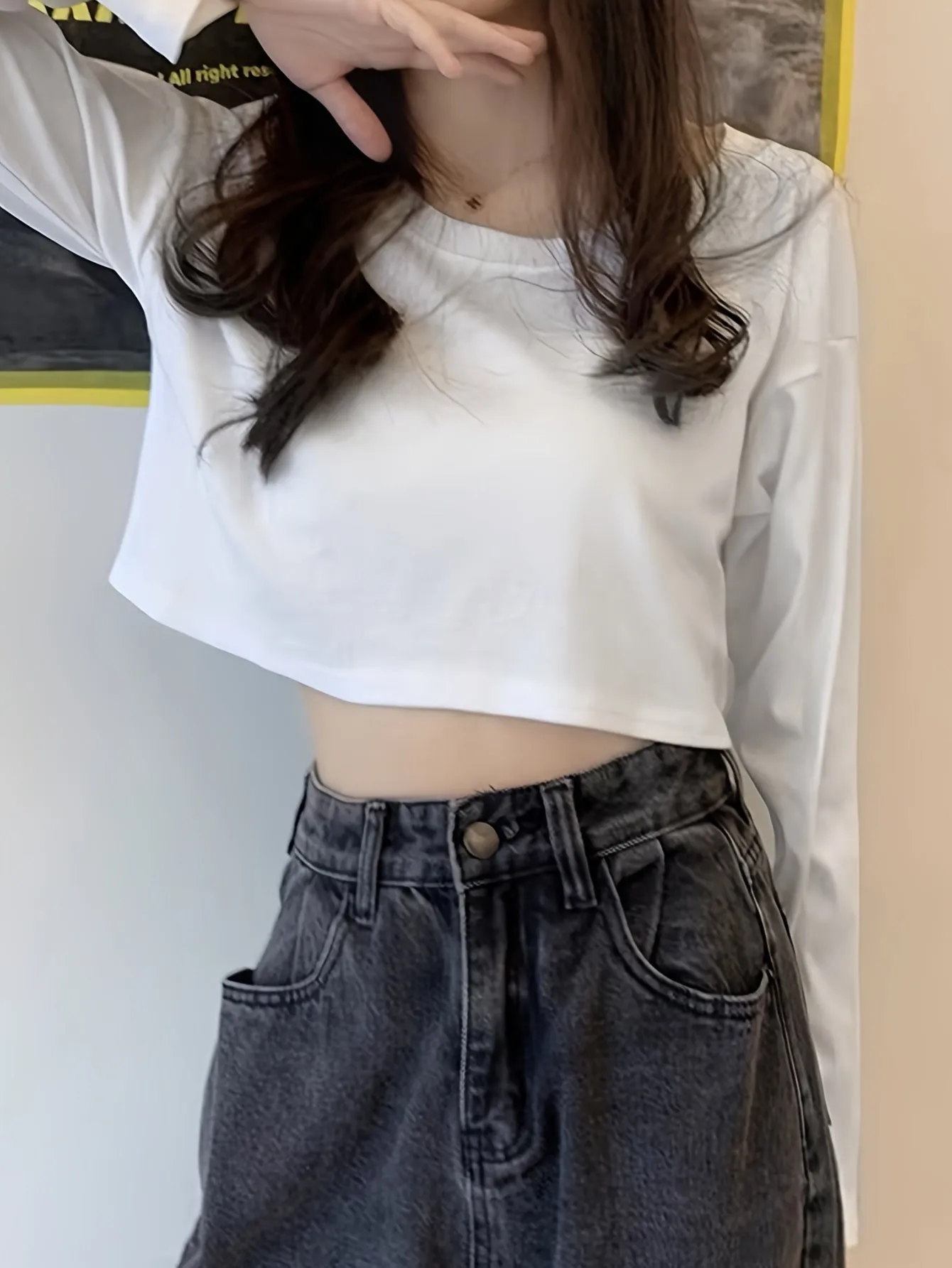 Solid Color Crew Neck Crop T-Shirt, Casual Long Sleeve T-Shirt For Spring & Fall, Women's Clothing