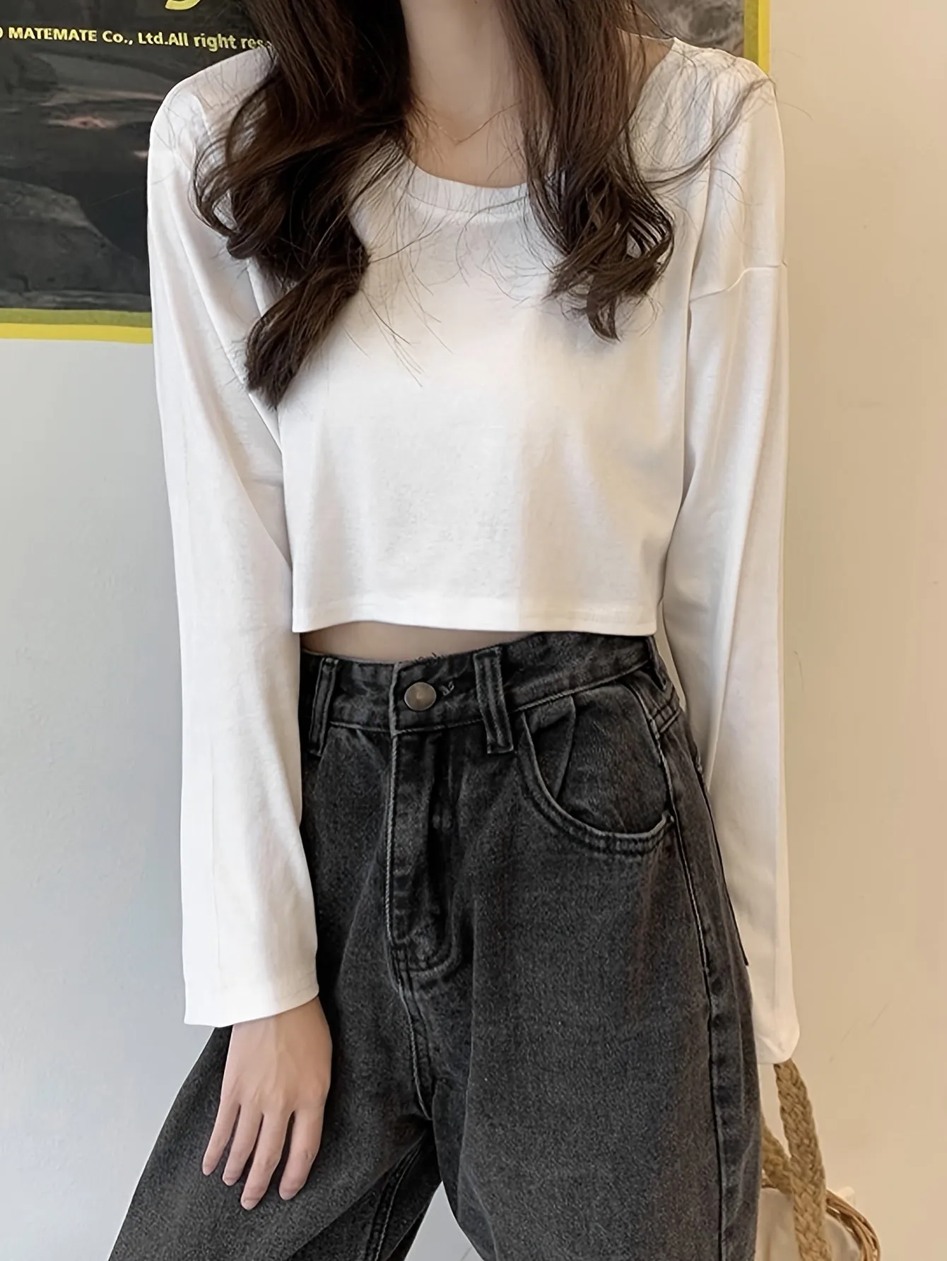 Solid Color Crew Neck Crop T-Shirt, Casual Long Sleeve T-Shirt For Spring & Fall, Women's Clothing