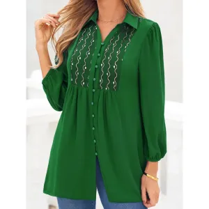 Spring Summer Women's Long Shirt Turn Down Collar Long Sleeve Blouse Embroidered Solid Casual Blouse Shirt