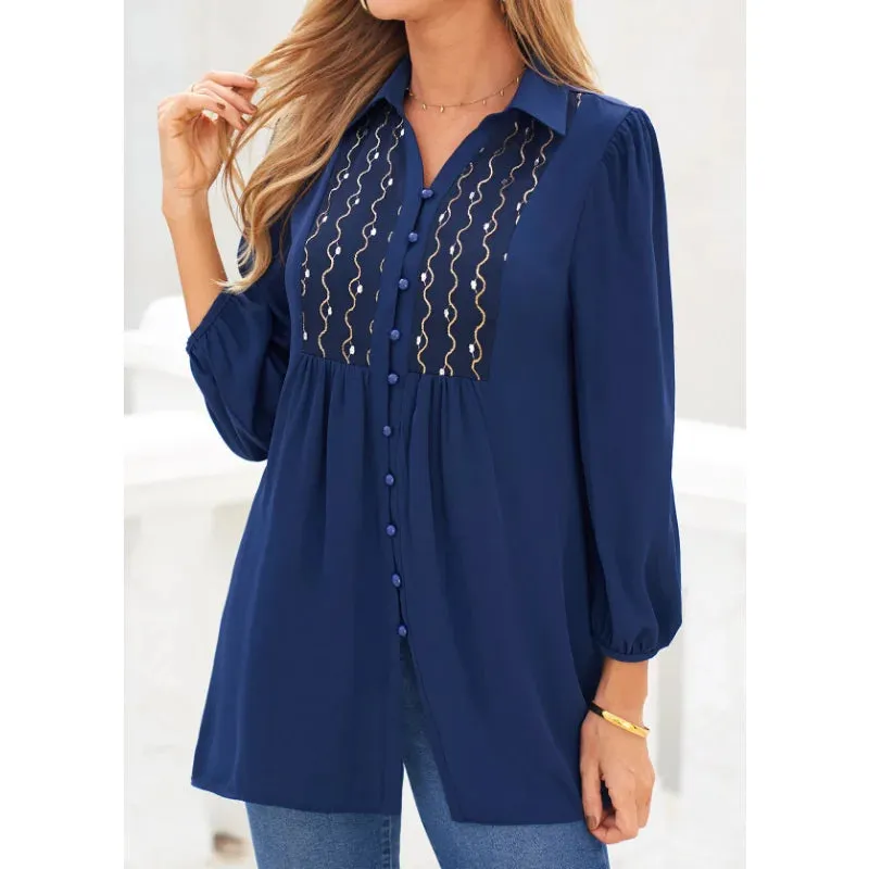 Spring Summer Women's Long Shirt Turn Down Collar Long Sleeve Blouse Embroidered Solid Casual Blouse Shirt