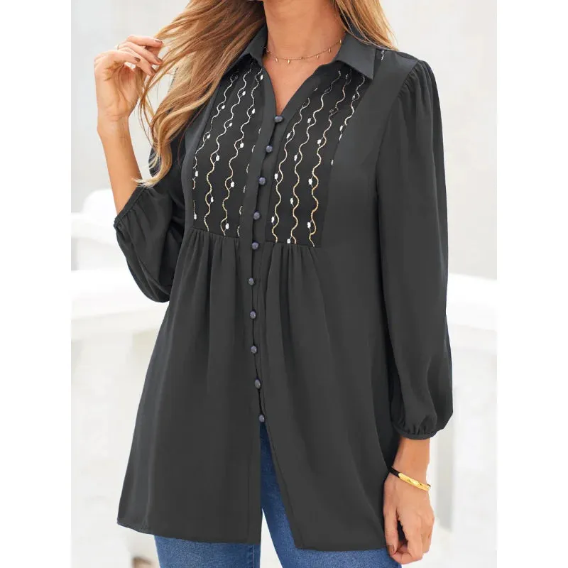 Spring Summer Women's Long Shirt Turn Down Collar Long Sleeve Blouse Embroidered Solid Casual Blouse Shirt
