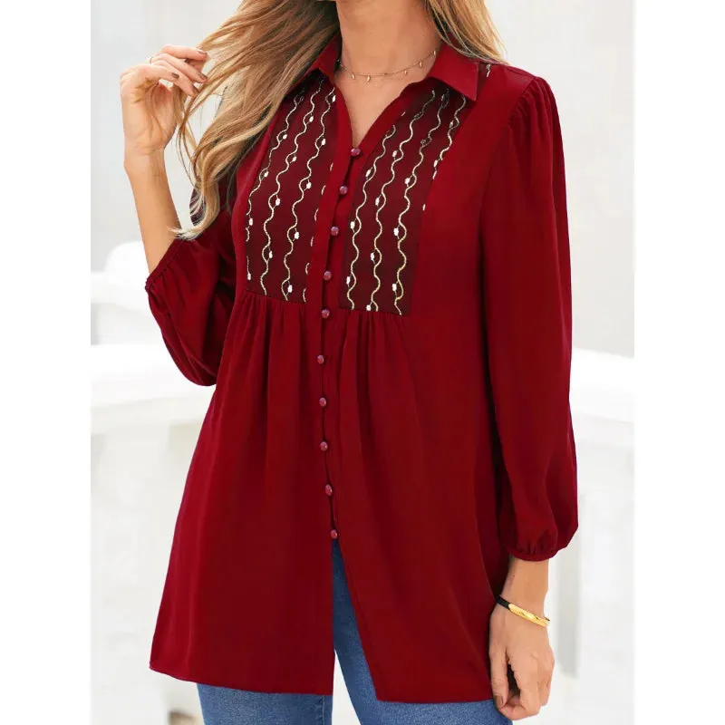 Spring Summer Women's Long Shirt Turn Down Collar Long Sleeve Blouse Embroidered Solid Casual Blouse Shirt