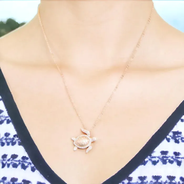 Sterling Silver Rose Gold Plated Alamea Hawaii Pave CZ Turtle Pendant