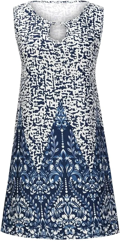 Summer Women Short Mini Dress Floral Printed Sleeveless Tank Dress Keyhole Casual Loose Tshirt Dress Beach Sundress