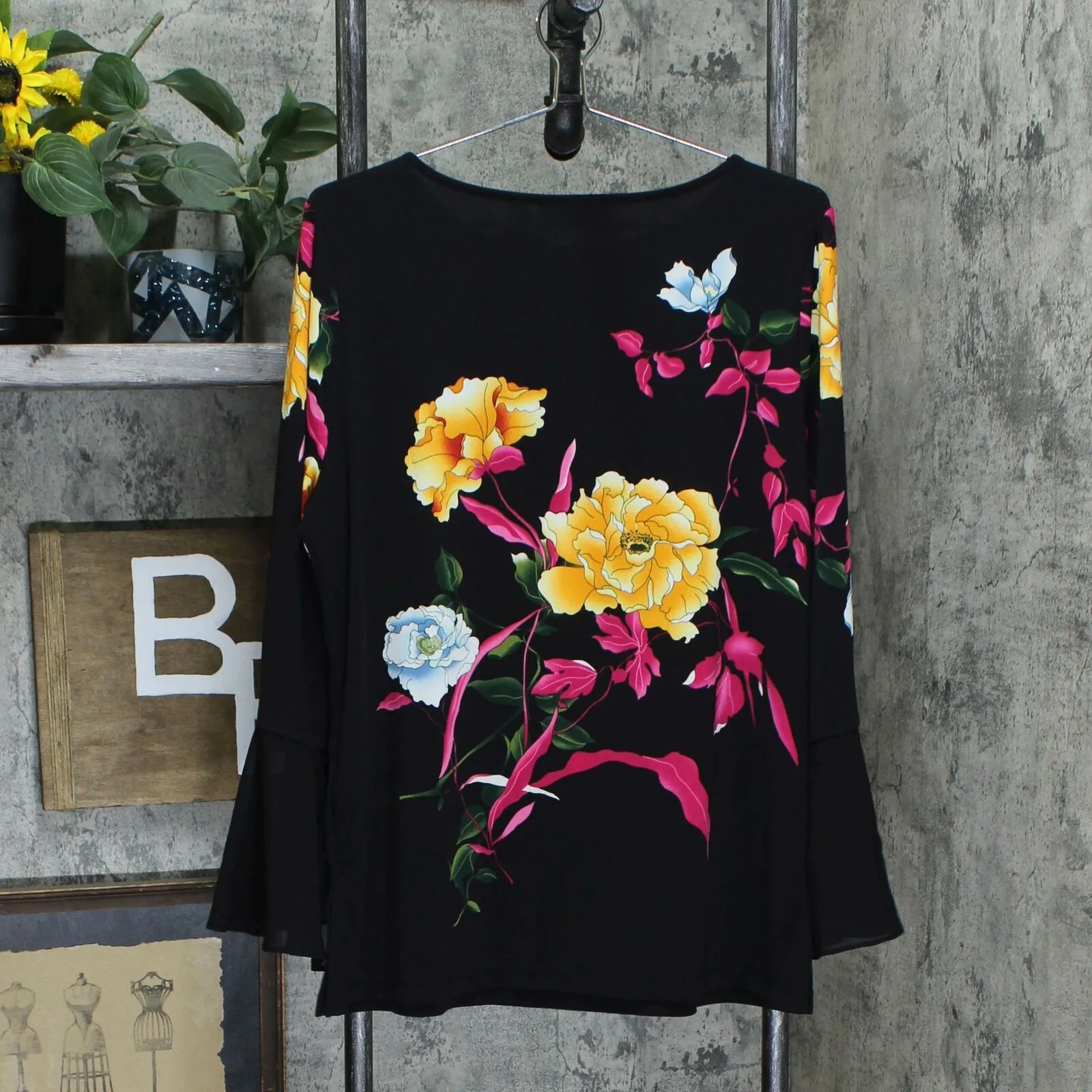 Susan Graver Women's Floral Chiffon Flounce Cuffs Liquid Knit Top