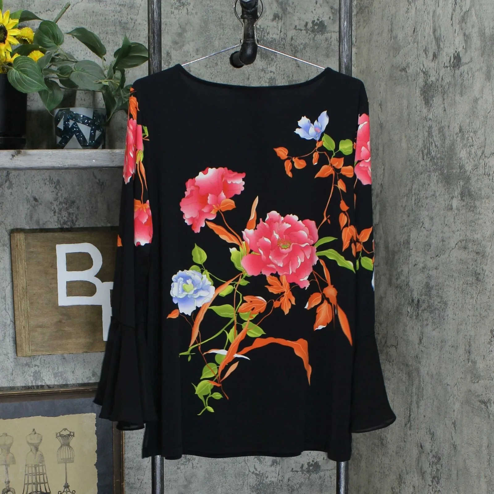 Susan Graver Women's Floral Chiffon Flounce Cuffs Liquid Knit Top