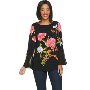 Susan Graver Women's Floral Chiffon Flounce Cuffs Liquid Knit Top