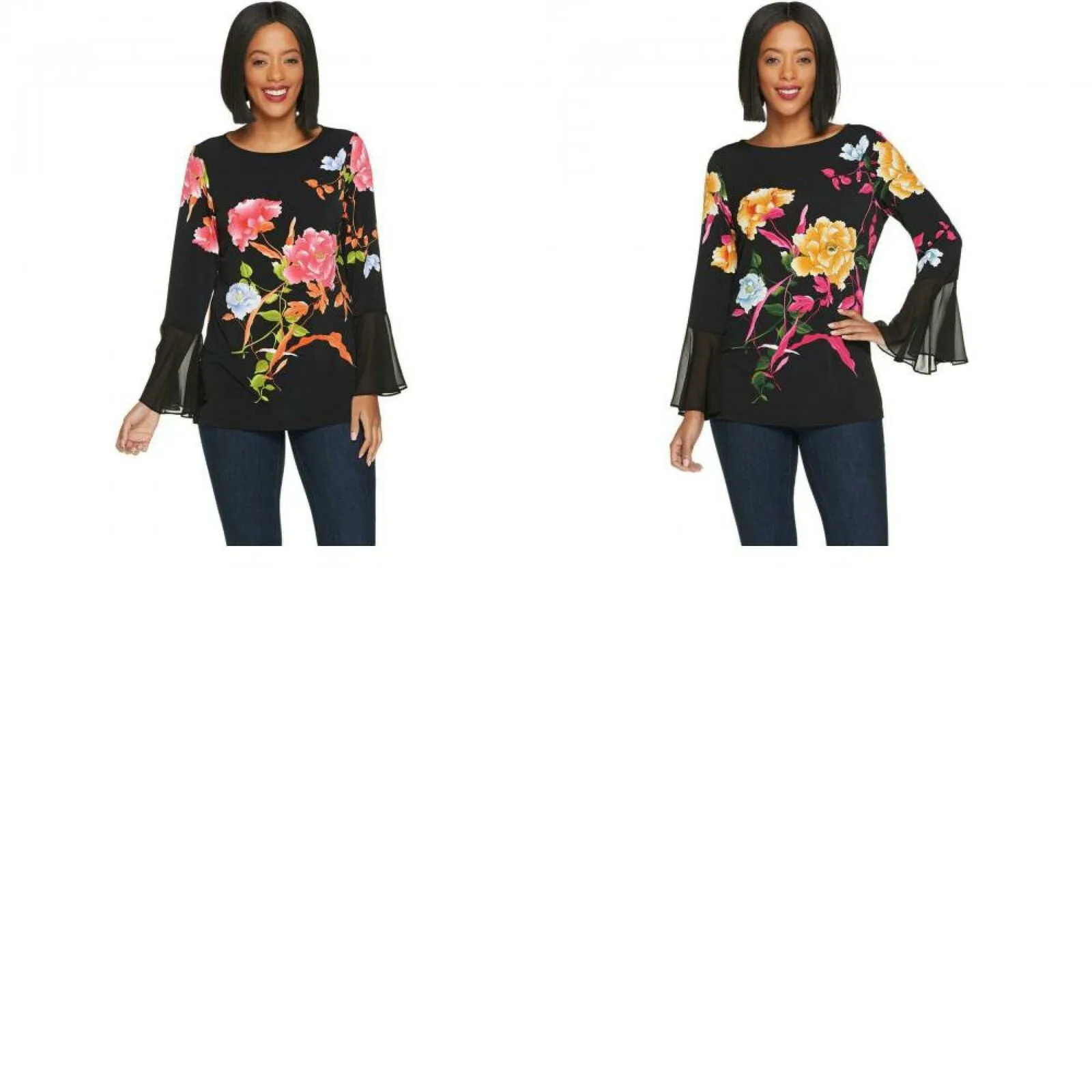Susan Graver Women's Floral Chiffon Flounce Cuffs Liquid Knit Top