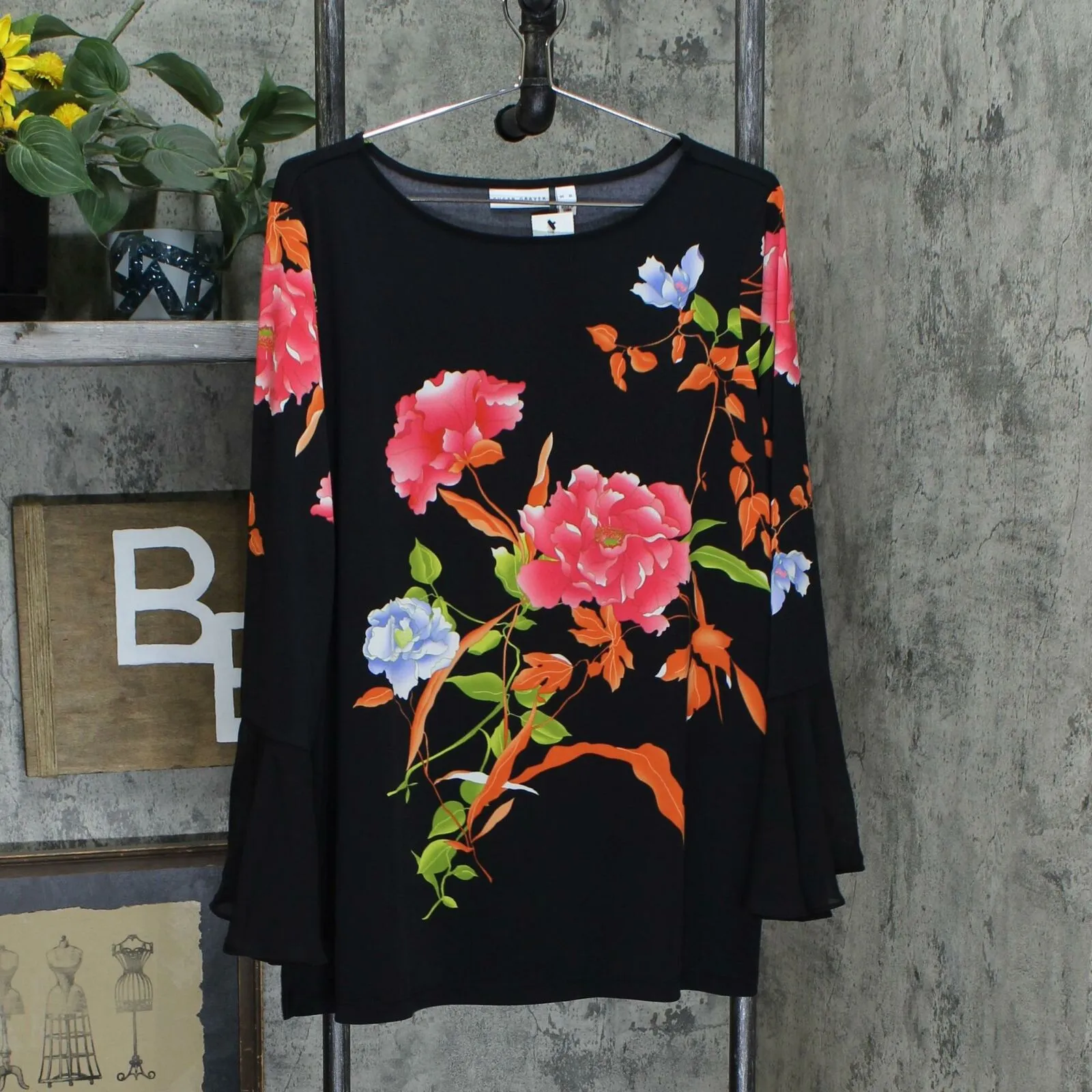 Susan Graver Women's Floral Chiffon Flounce Cuffs Liquid Knit Top