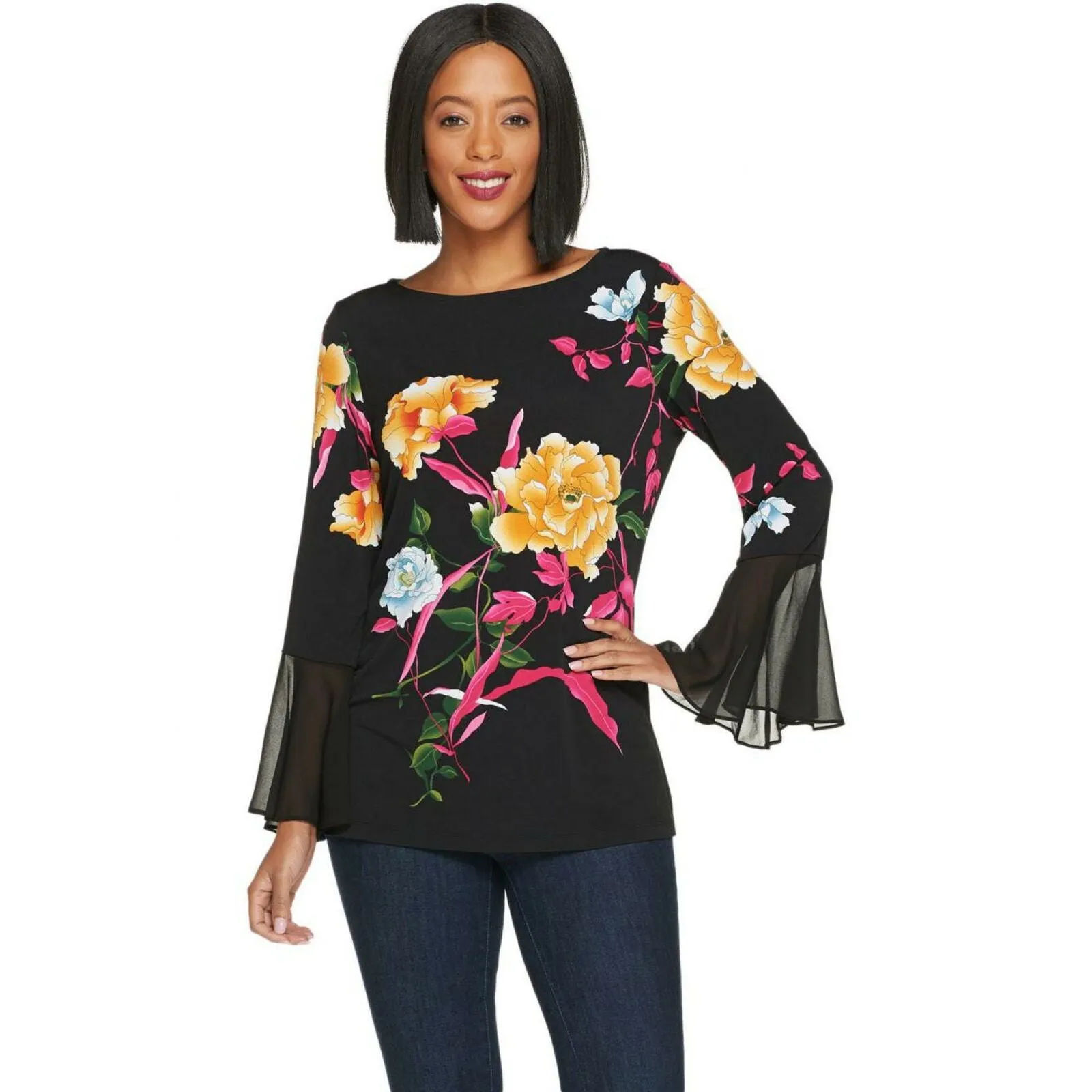 Susan Graver Women's Floral Chiffon Flounce Cuffs Liquid Knit Top