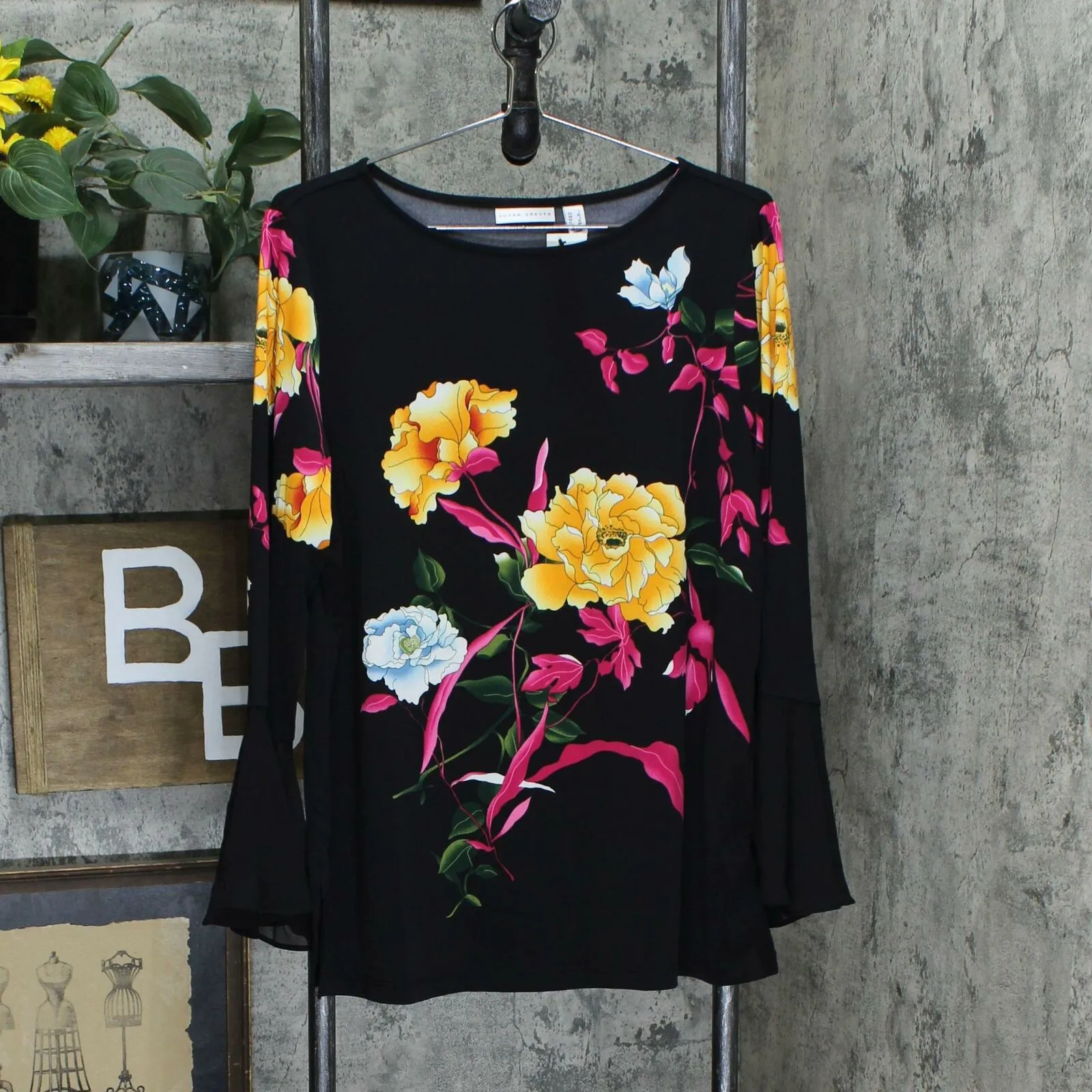 Susan Graver Women's Floral Chiffon Flounce Cuffs Liquid Knit Top